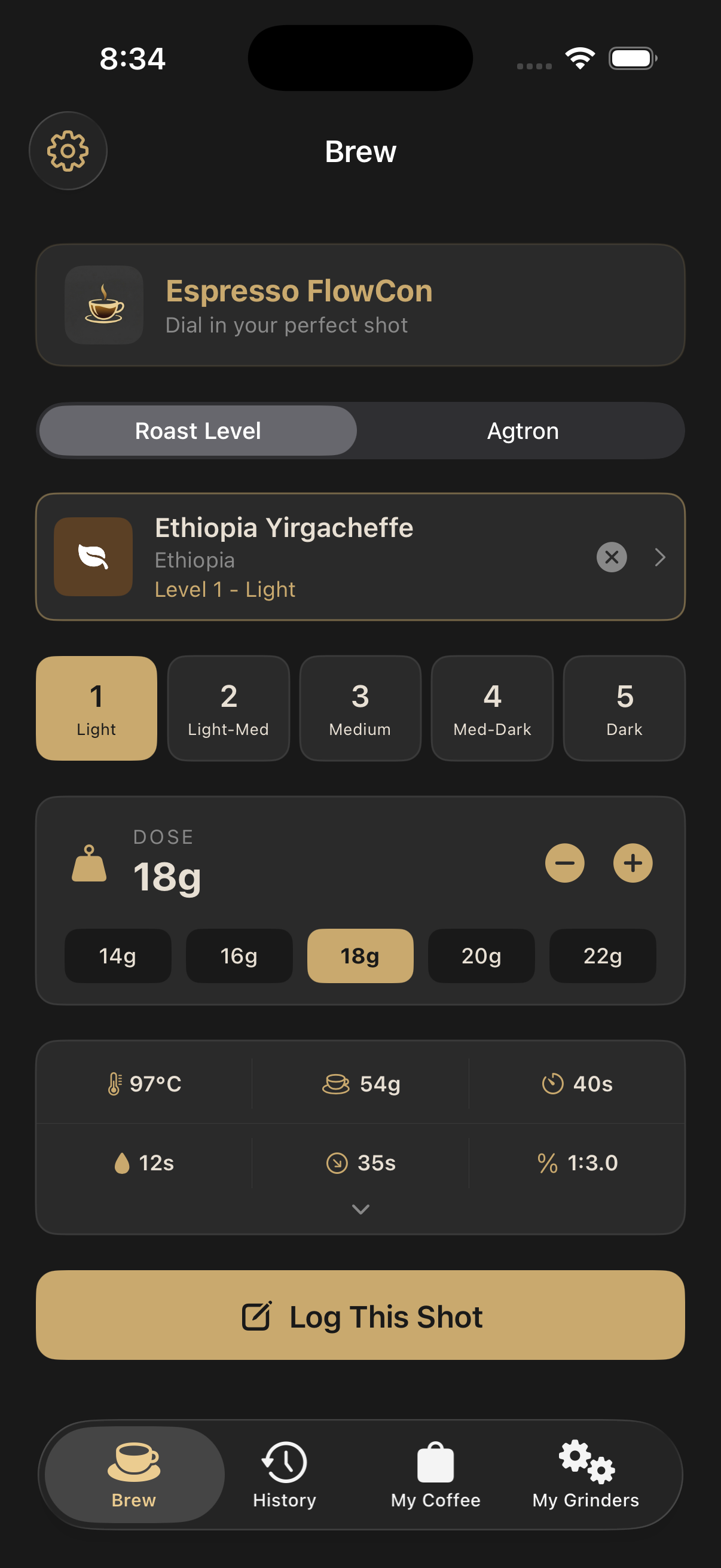 Roast level lookup screen