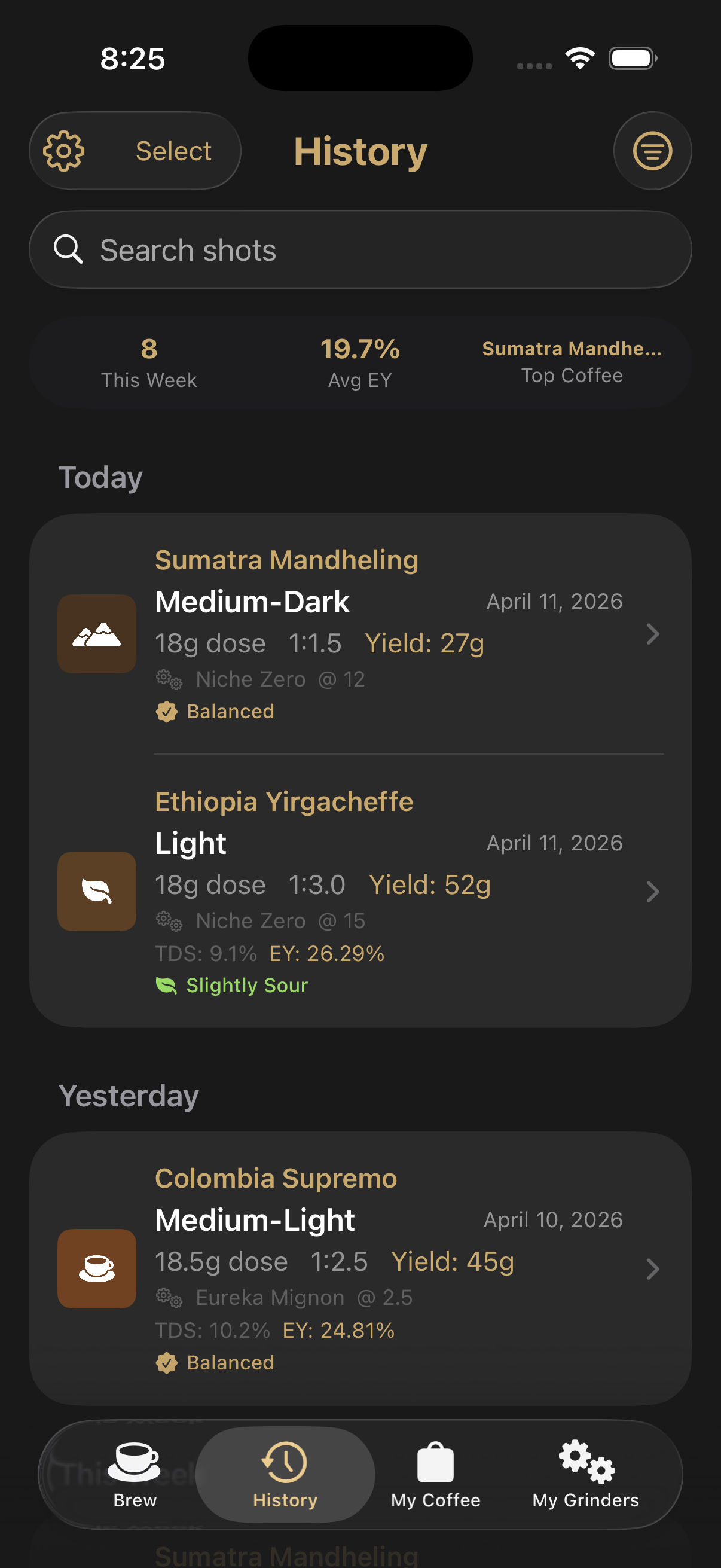 Shot history with stats
