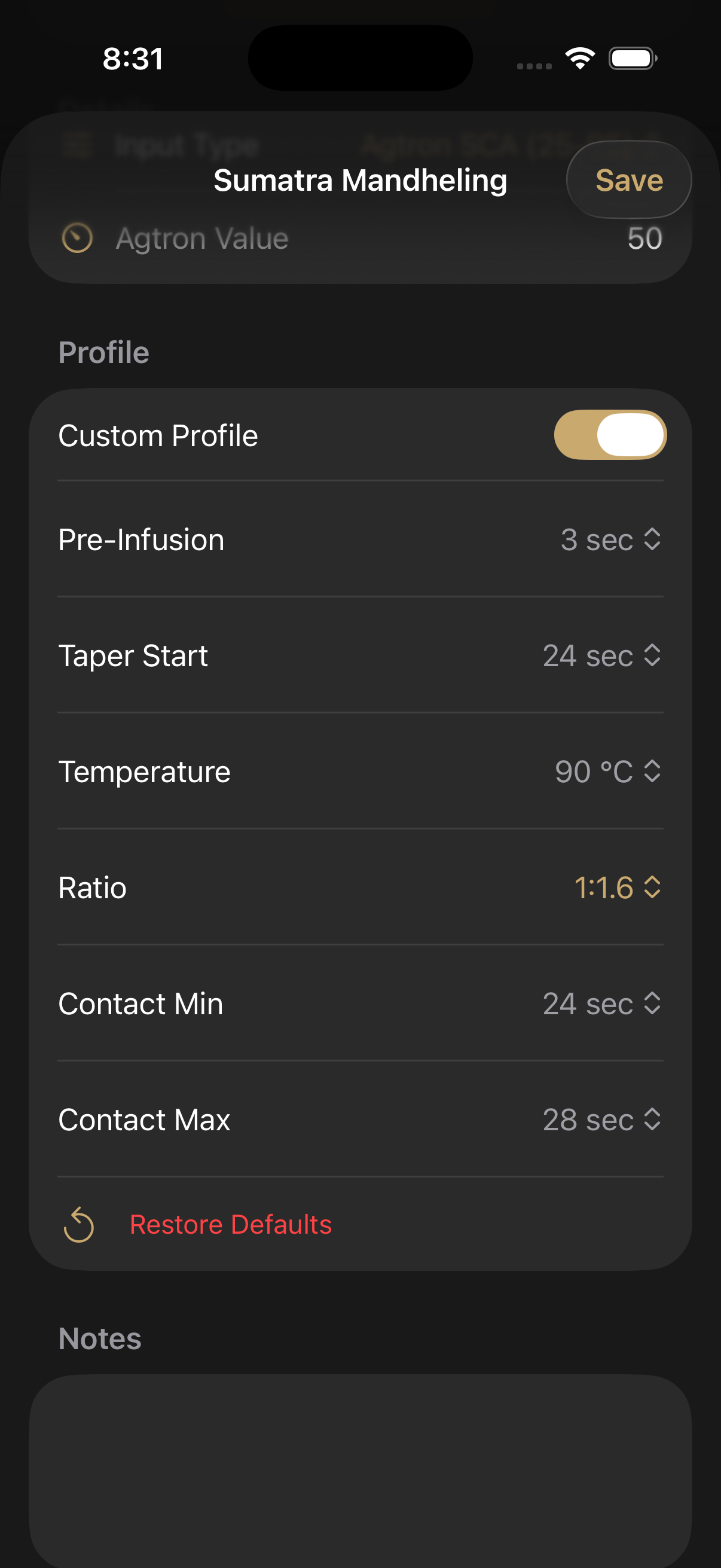 Default profile per coffee